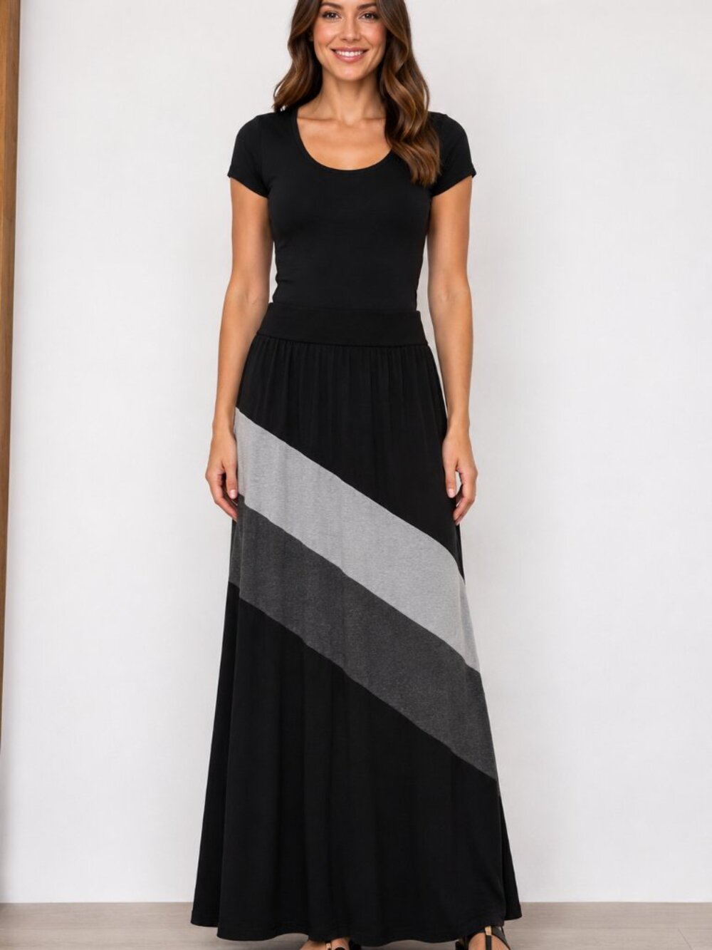 AB Studio Maxi Skirt Women's Large Black Gray Colorblock Stretch A-Line